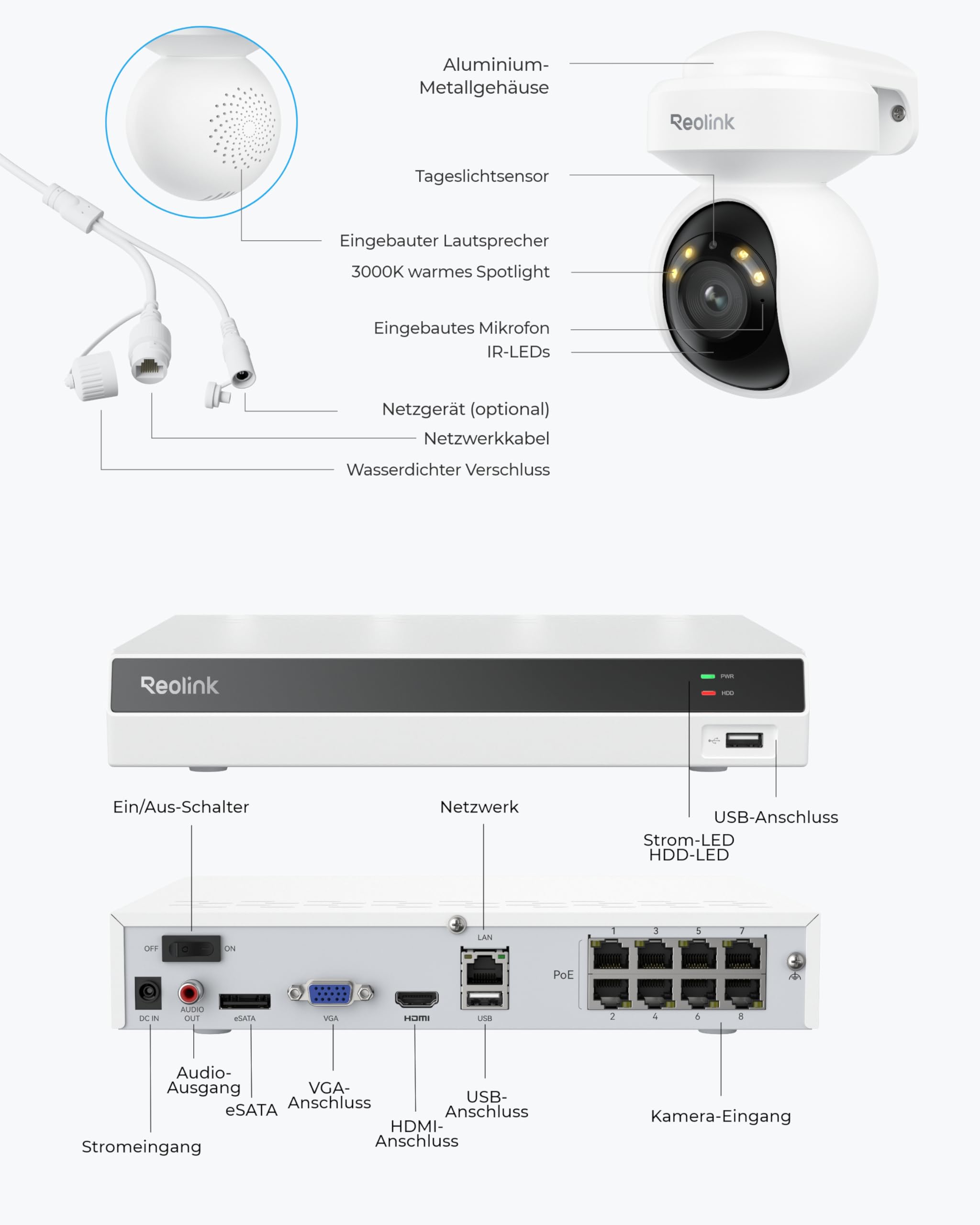Reolink 4K PoE Überwachungskamera Set Aussen, 355° Schwenken, 50° Neigen, Auto-Tracking, Person-/Fahrzeug-/Tiererkennung, mit 2TB HDD, 24/7 Aufzeichnung, 8-Kanal NVR, für Outdoor & Innen, RLK8-800PT4