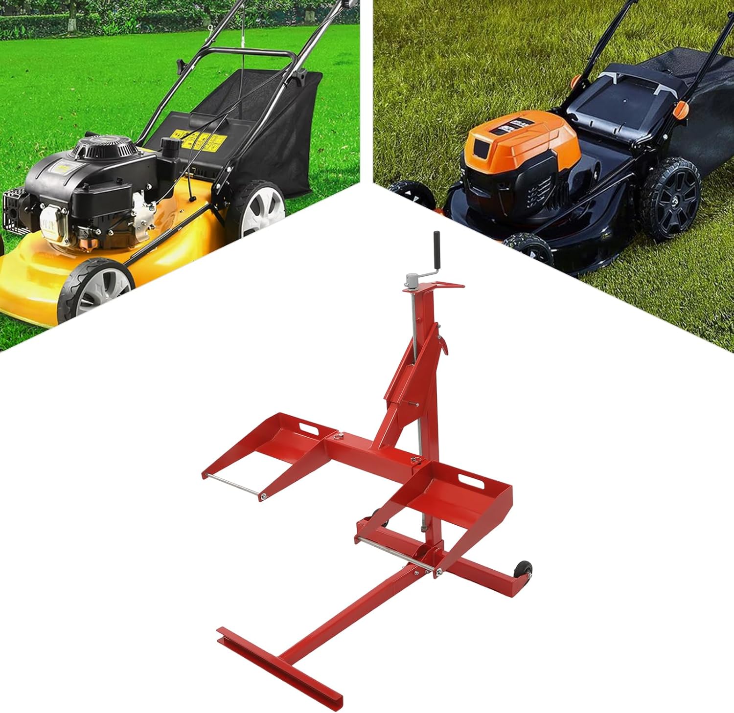 Heavy Duty 450lbs Lawn Mower Lift Jack with Screw Rod and 2 Wheels, 49.72x37.72x45.63in Adjustable Garage Trolley for Riding Mowers, Tractors, ATVs - Red/Black