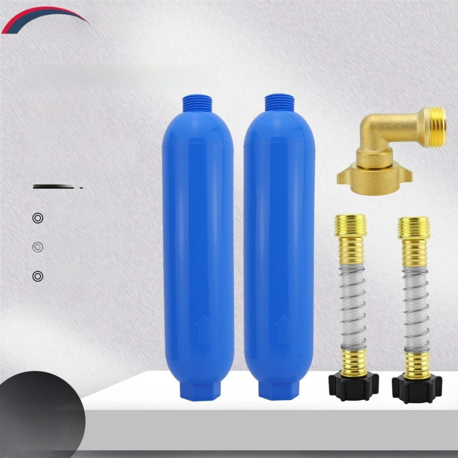 Sistema de limpieza para caravanas con filtro de carbón activo, ángulo de latón de 90° y protección de manguera, filtro de agua para barco y jardín (juego de 4 piezas)