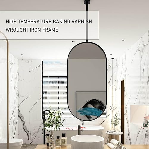Miniatura 3 de Refoiner - Espejo ovalado para colgar en el techo con marco de metal negro y pluma, espejo de baño, espejo flotante de maquillaje, espejos