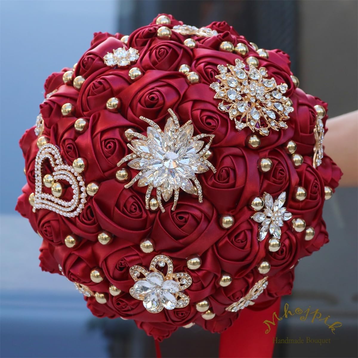 Bridal Wedding Bouquet Round Holding Bouquet Throw Toss Artificial Rose Flower Bunch for Bride Bridesmaid Wedding Quinceanera(Dark Red, 7.1")
