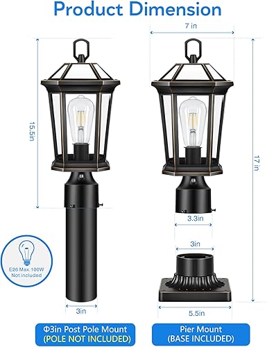 Miniatura 9 de VIANIS Luces de poste de lámpara para exteriores con sensor de atardecer a amanecer, accesorios de luz de poste de calle de triple cabeza, postes de