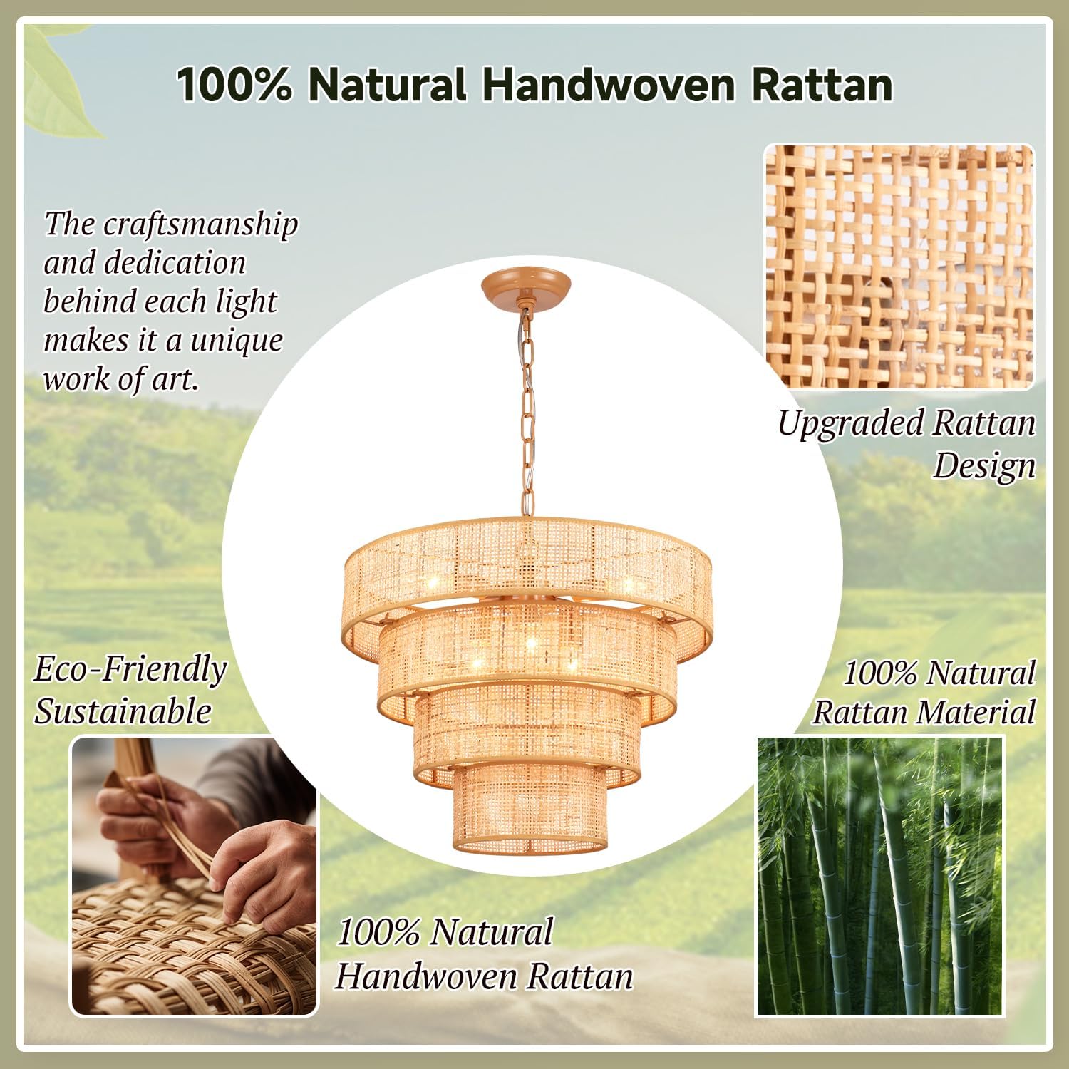 Hamilyeah 20 inch Boho Chandelier with 4-Tier, Wicker 6-Light Chandeliers for Dining Room, Adjustable Height Pendant Light Fixtures, Drum Modern Chandelier for Bedroom, Living Room, Kitchen