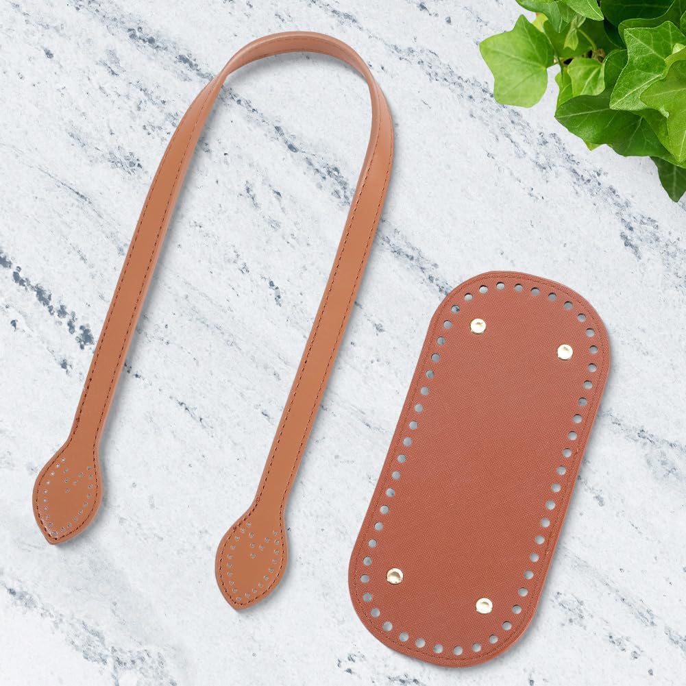 Beebeecraft Crochet Bag Making Kit, 2Pcs Imitation Leather Bag Handles Brown Purse Strap with 1Pcs Oval Bag Bottoms for Purse Making DIY Supplies