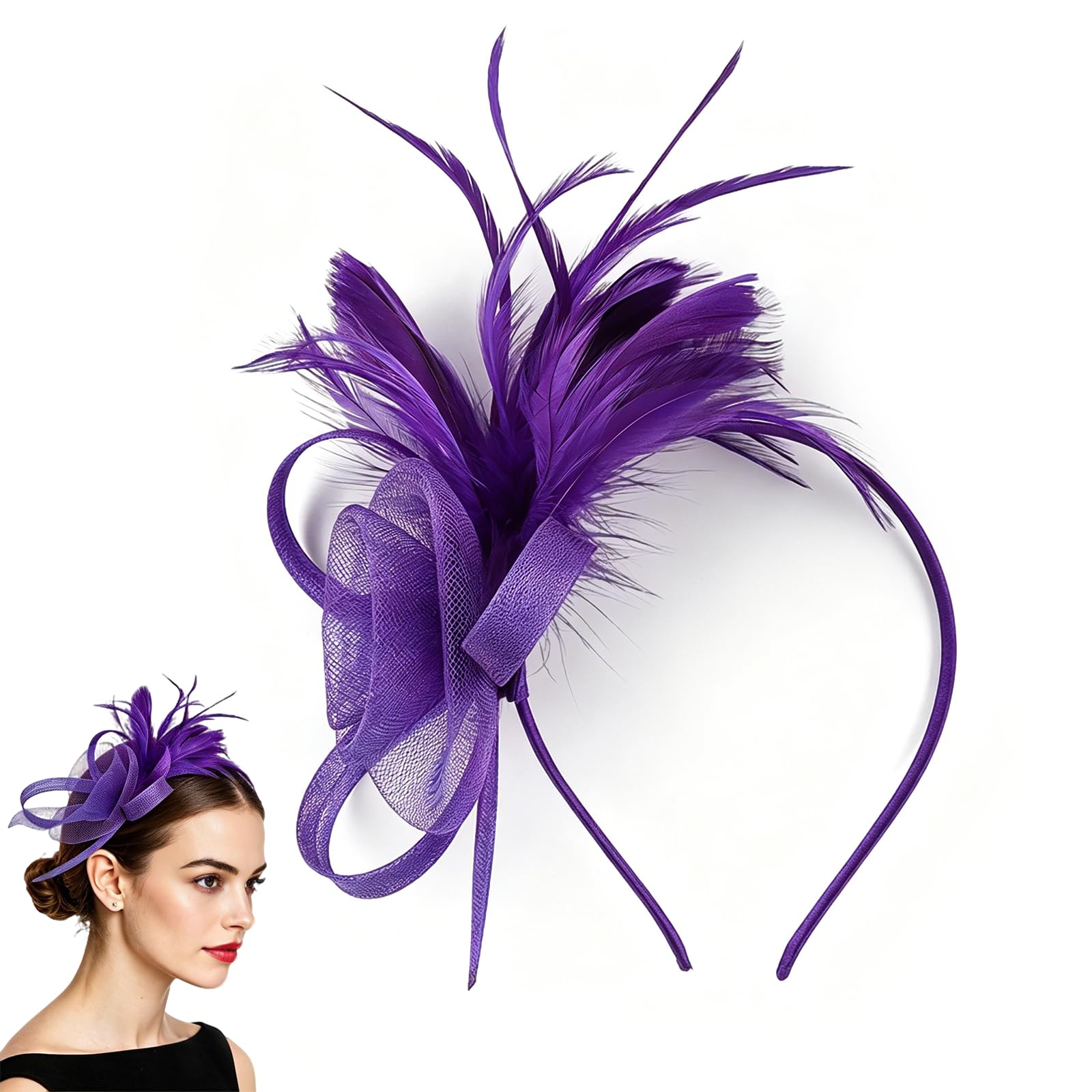 Chersun Women's Purple Fascinators For Elegant Net Fascinator Wedding Hat Clip, Vintage Lace Feather Fascinators For Weddings, Fascinator For Wedding Cocktail Evening Garden Tea Party (Purple)