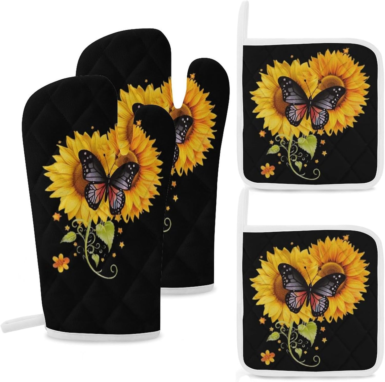 Sunflower Butterfly 4 Pcs Oven Mitts and Pot Holders Set High Heat Resistant Long Kitchen Oven Glove Potholders