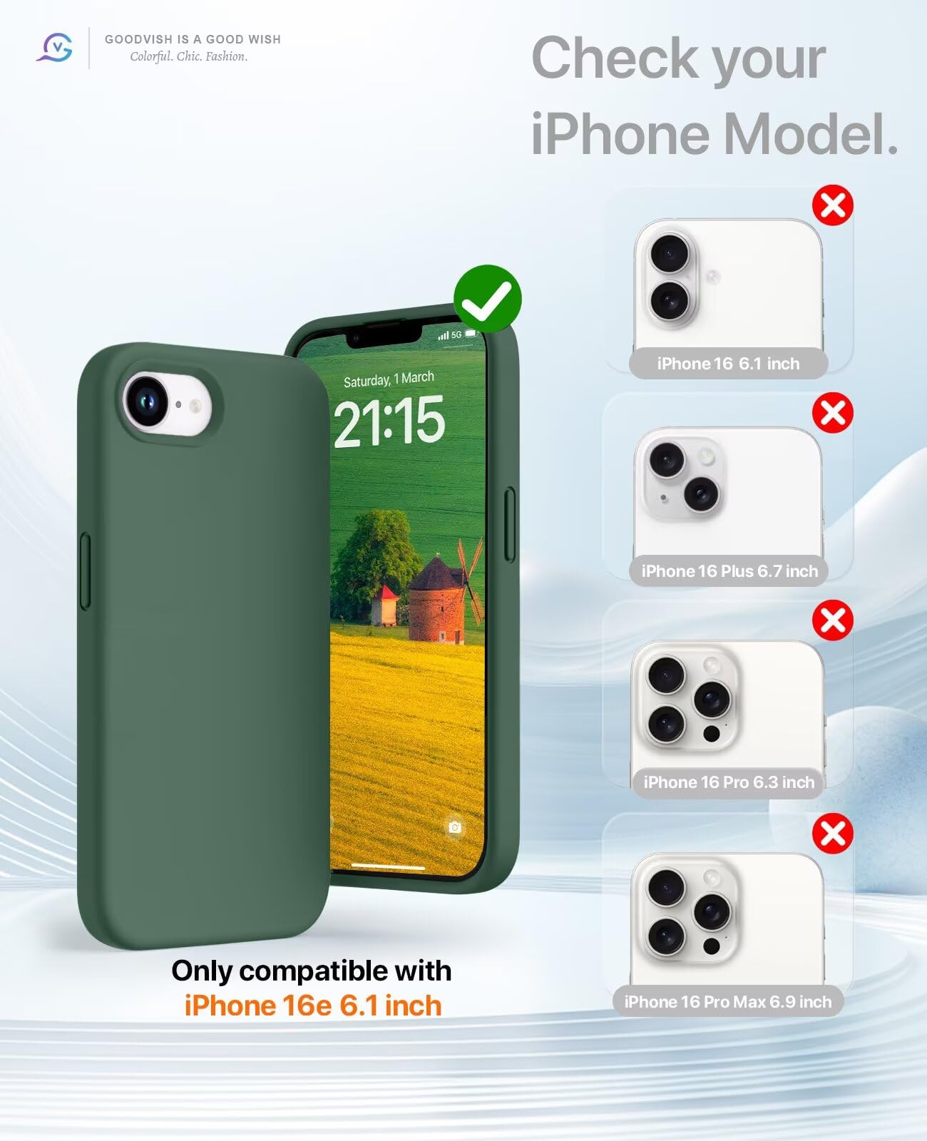 GOODVISH 3 in 1 Silicone Cover per iPhone 16e 6.1", Custodia con 2 Pellicola Vetro Temperato [Protezione Fotocamera] Protezione Anticaduta Case per Cellulare Antiurto Resistente, Verde Pino