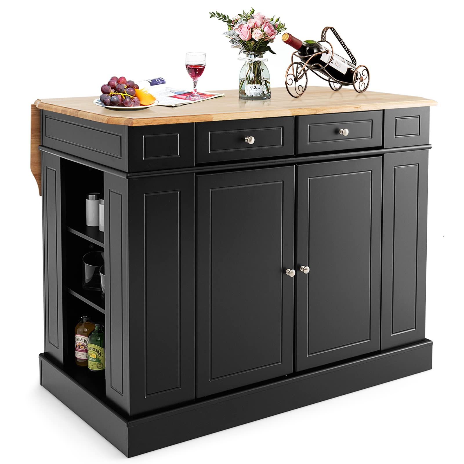 COSTWAY Isla de Cocina con Almacenamiento con Encimera de Madera, Cajones, Estantes Laterales y 2 Puertas, Carrito de Cocina con Estantes Ajustables de 3 Niveles (Negro)