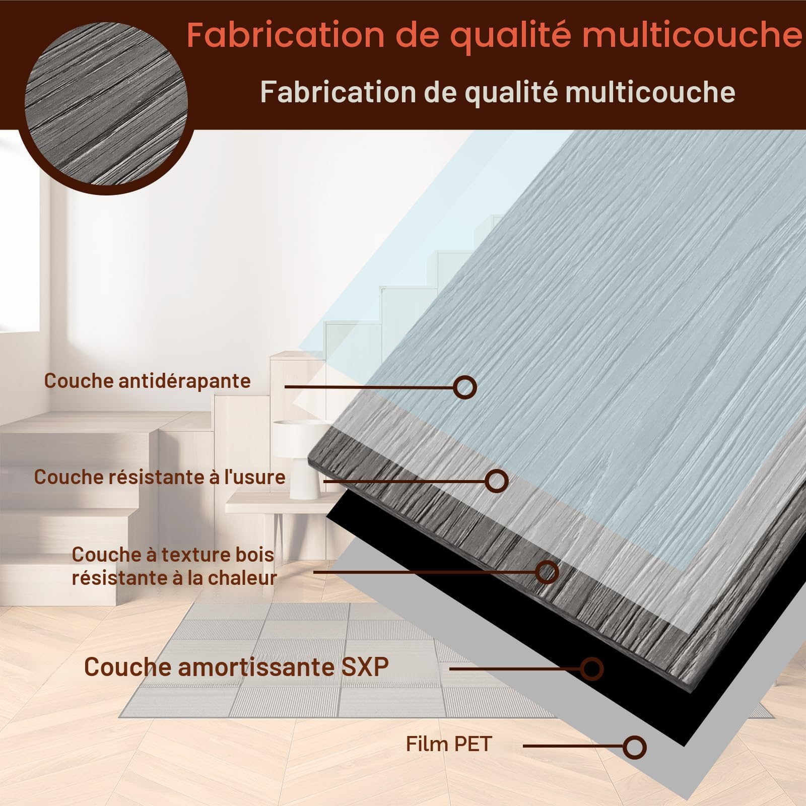 Lot de 54 revêtements de sol autocollants en PVC avec aspect bois, antidérapant, imperméable, difficilement inflammable, chêne gris foncé, 7,53 m²