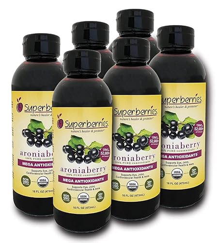 Concentrado de jugo orgánico de Aroniaberry (Chokeberry) (6) 16 onzas líquidas, suministro para 6 meses. Cada botella 64 porciones (1.5 cucharaditas)