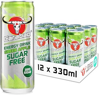 Carabao Energy Drink Sugar Free Green Apple, Can Case, Zero Sugar, Low Calorie, Light Fizzy Fruit Flavour, Vegan, Gluten Free Drink, B Vitamins, Taurine, Caffeine, Bulk Crates, 330 ml (Pack of 12)