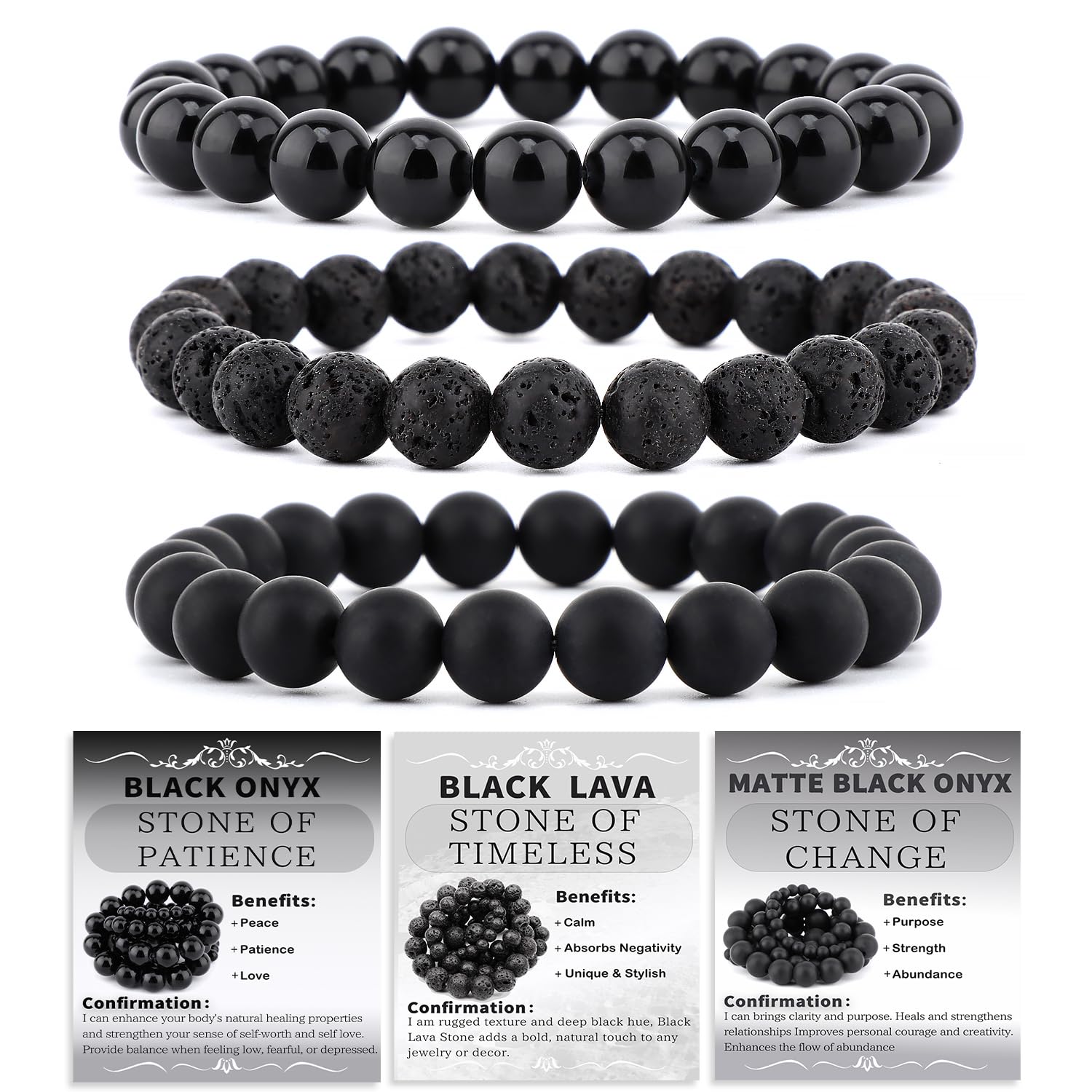 NCB 3-Piece Natural Crystal Gemstone Stretch Bracelets - Black Lava, Onyx, Agate 8mm Beads | Reiki Energy Healing Jewelry - main product image