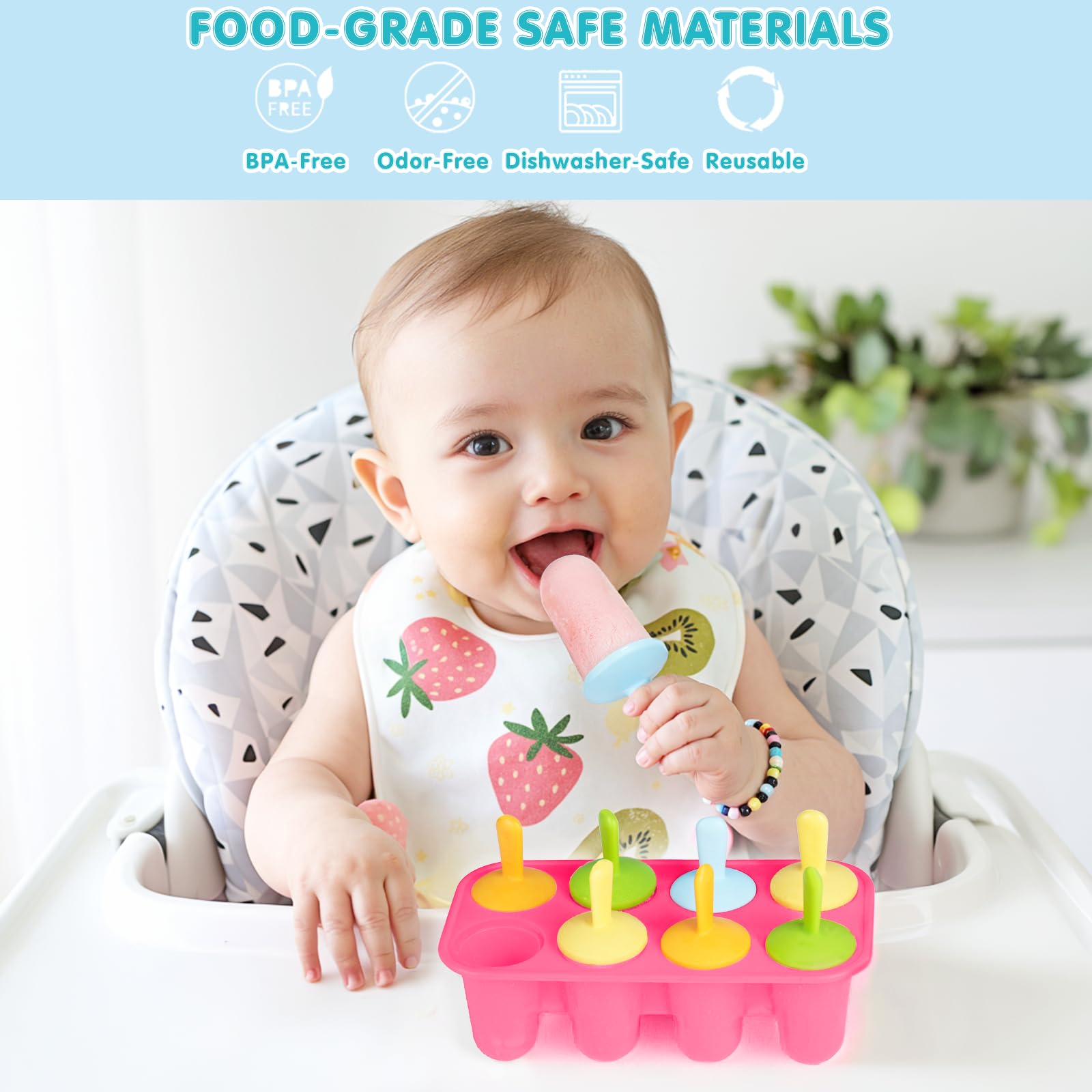 Moldes de silicona para paletas pequeñas de 8 cavidades sin BPA de alta calidad, molde para paletas pequeñas, molde para paletas de hielo con 8 palos reutilizables coloridos para niños (rosa) 2