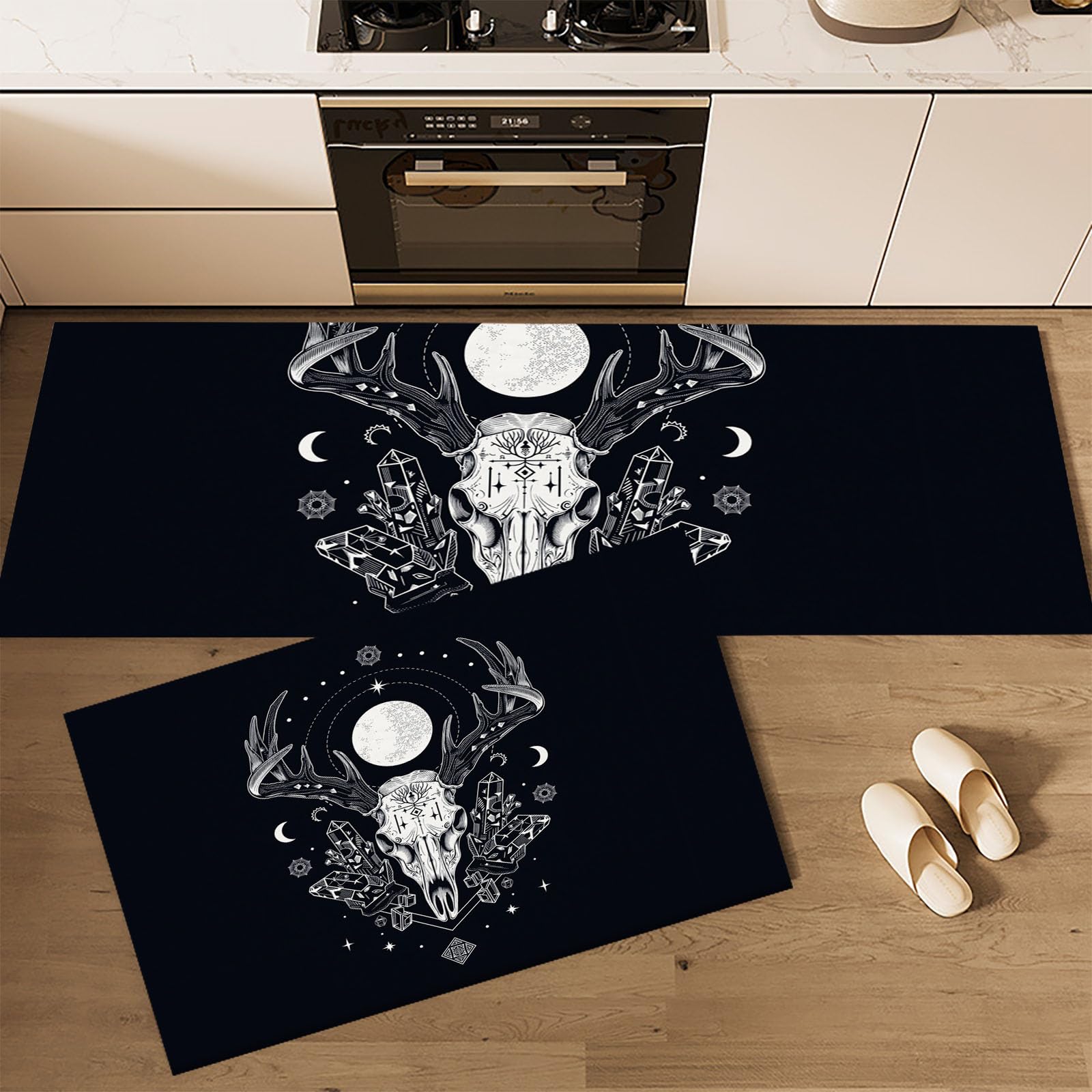 Tapis de cuisine antidérapant lot de 2 cerf mystérieux noir et blanc 44x120cm