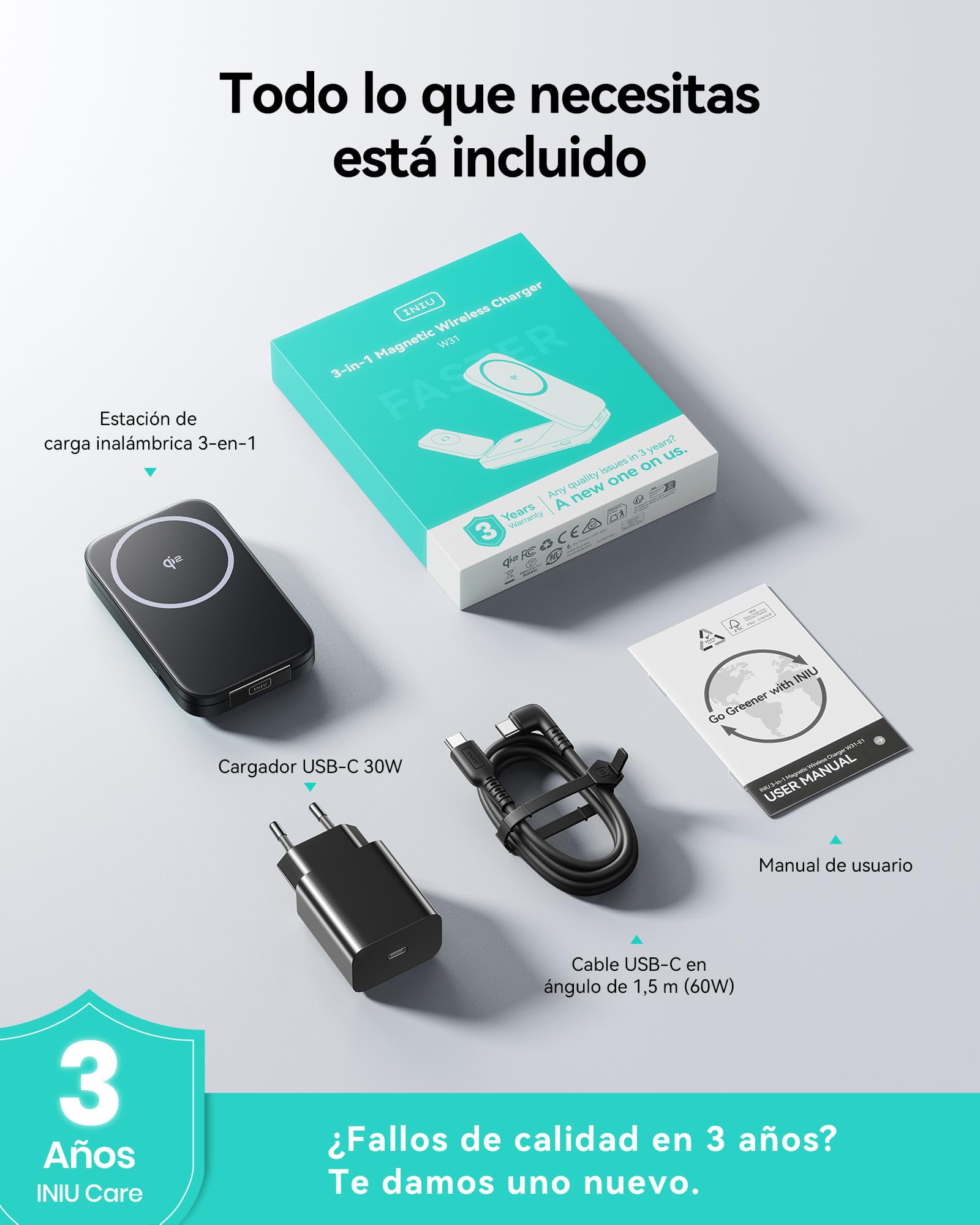 INIU Cargador Inalámbrico 3 en 1, 15W Certificado Qi2 Cargador de Viaje rápido Plegable magnético Compatible con Mag-Safe para iPhone 17e /17/16/15/14/13/12/Air Series, Apple Watch & AirPods Pro/4/3/2