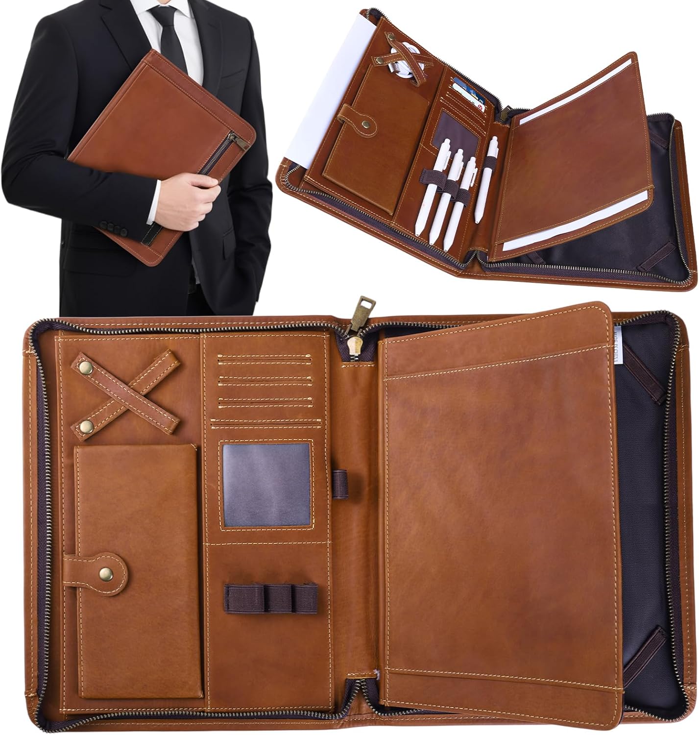 Genuine Leather Professioal Business Portfolio Padfolio Folder with Zipper, Conference Meeting Executive File Legal Document Organizer for Men, Work Portfolio for Meeting and Travel—Brown
