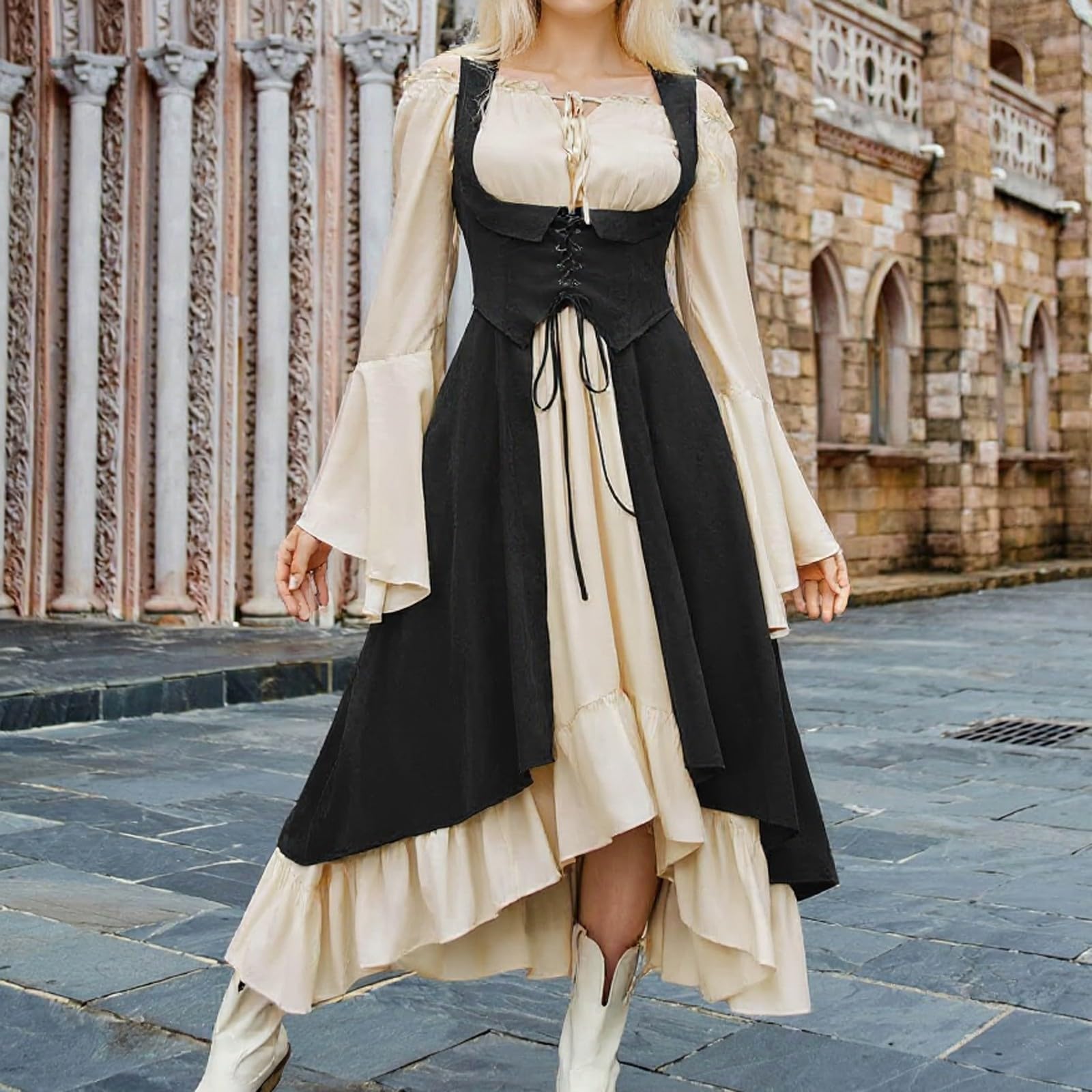 Generisch Halloween Kostüm Damen Gothic Piratenkostüm Damen Off Shoulder Mittelalter Kleidung Renaissance Korsett Kleid Trompetenärmel Karneval Kostüme Für Erwachsene Maxi Halloween Partykleid