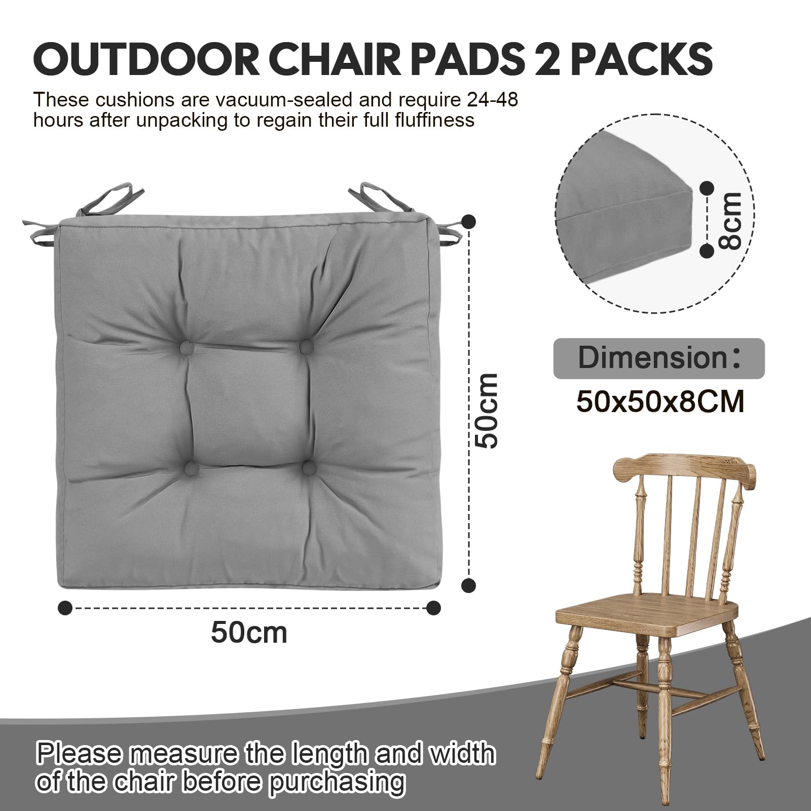 Juego de 2 cojines para sillas de jardín de 8 cm de grosor, impermeables, para muebles de exterior, con lazos, 50 x 50 cm, color gris
