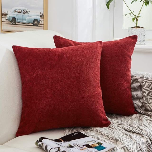 MERNETTE New Year/Christmas Decorations Thick Chenille Decorative Square Throw Pillow Cover Cushion Covers Pillowcase, Home Decor for Party/Xmas 18x18 Inch/45x45 cm, Burgundy, Set of 2