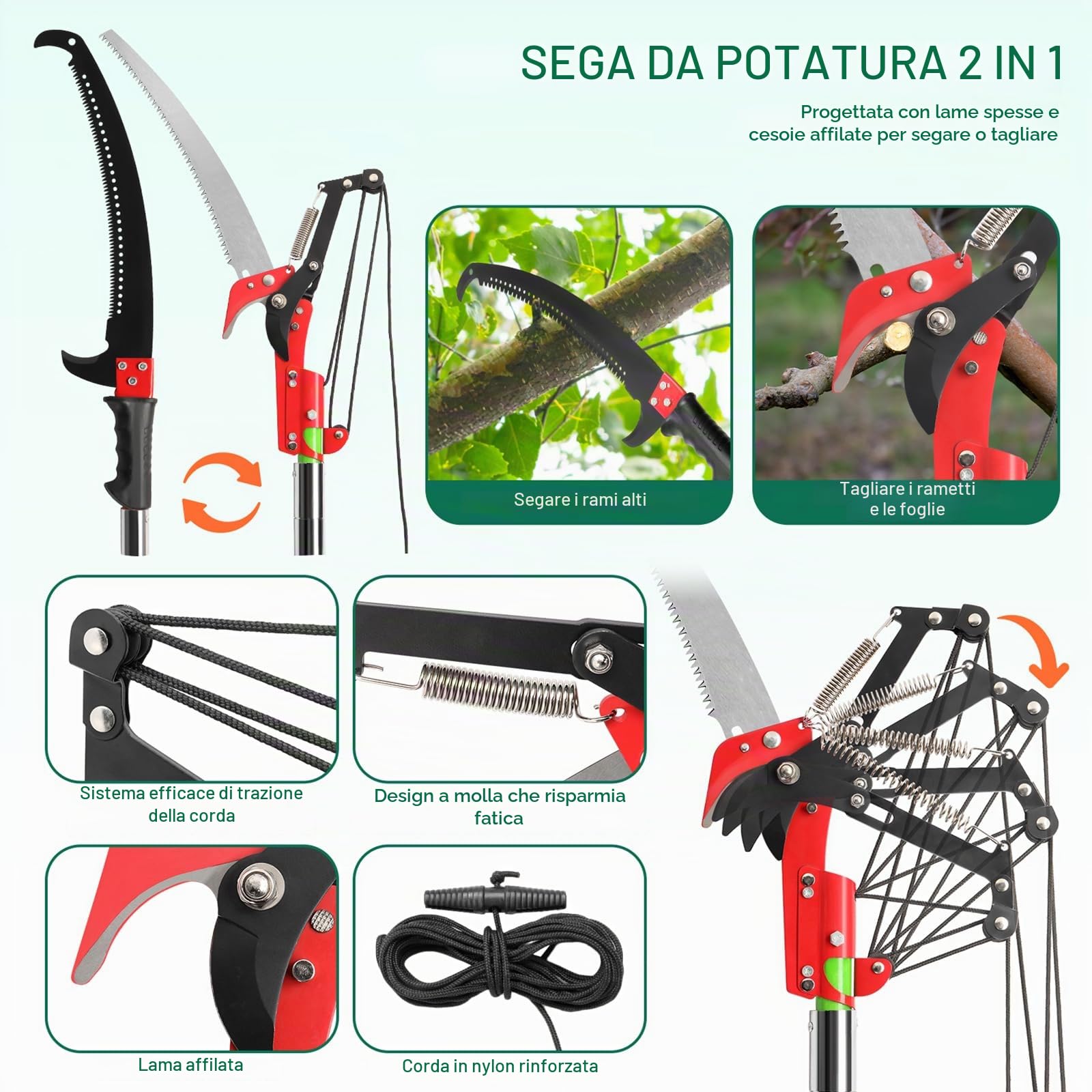 LEADZM Sega per potatura telescopica 2-7,3 m Sega a asta estensibile Lama in acciaio affilata con 7 pali in fibra di vetro forbici taglio rami alti per potatura palme arbusti