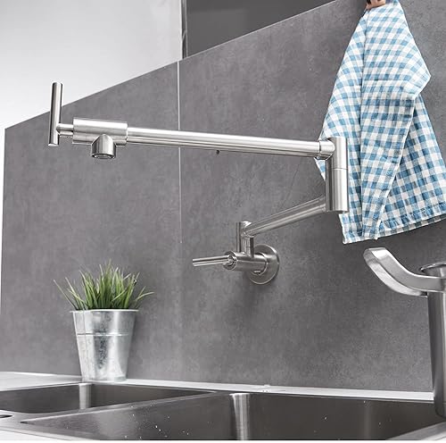 Miniatura 9 de Grifo de llenado de ollas de níquel cepillado, montaje en pared, grifos de cocina comerciales de latón plegable y elástico con un solo orificio dos