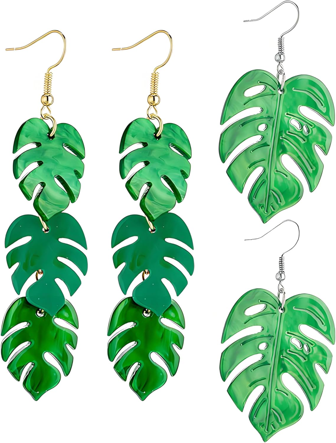 Dreuyet 2 Pairs Green Palm Leaf Earrings for Women Acrylic Lightweight Tropical Monstera Leaf Earring 3 Palm Leaves Layered Earring Halloween Holiday Nature Jewelry 