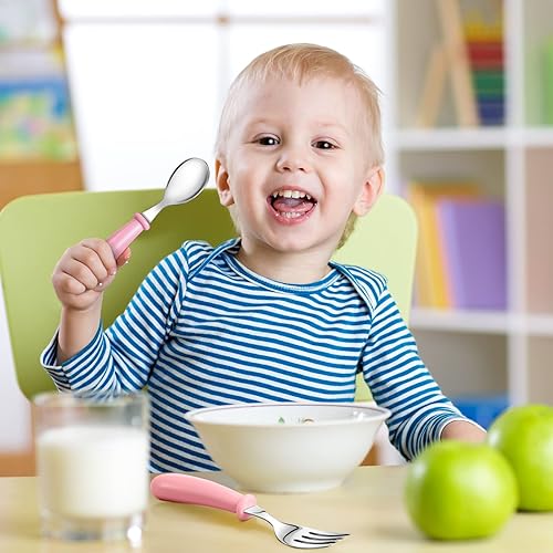 Miniatura 5 de Honeydak Juego de 24 cubiertos para niños pequeños, cucharas y tenedores con mango redondo, de acero inoxidable, cucharas y tenedores para comedor