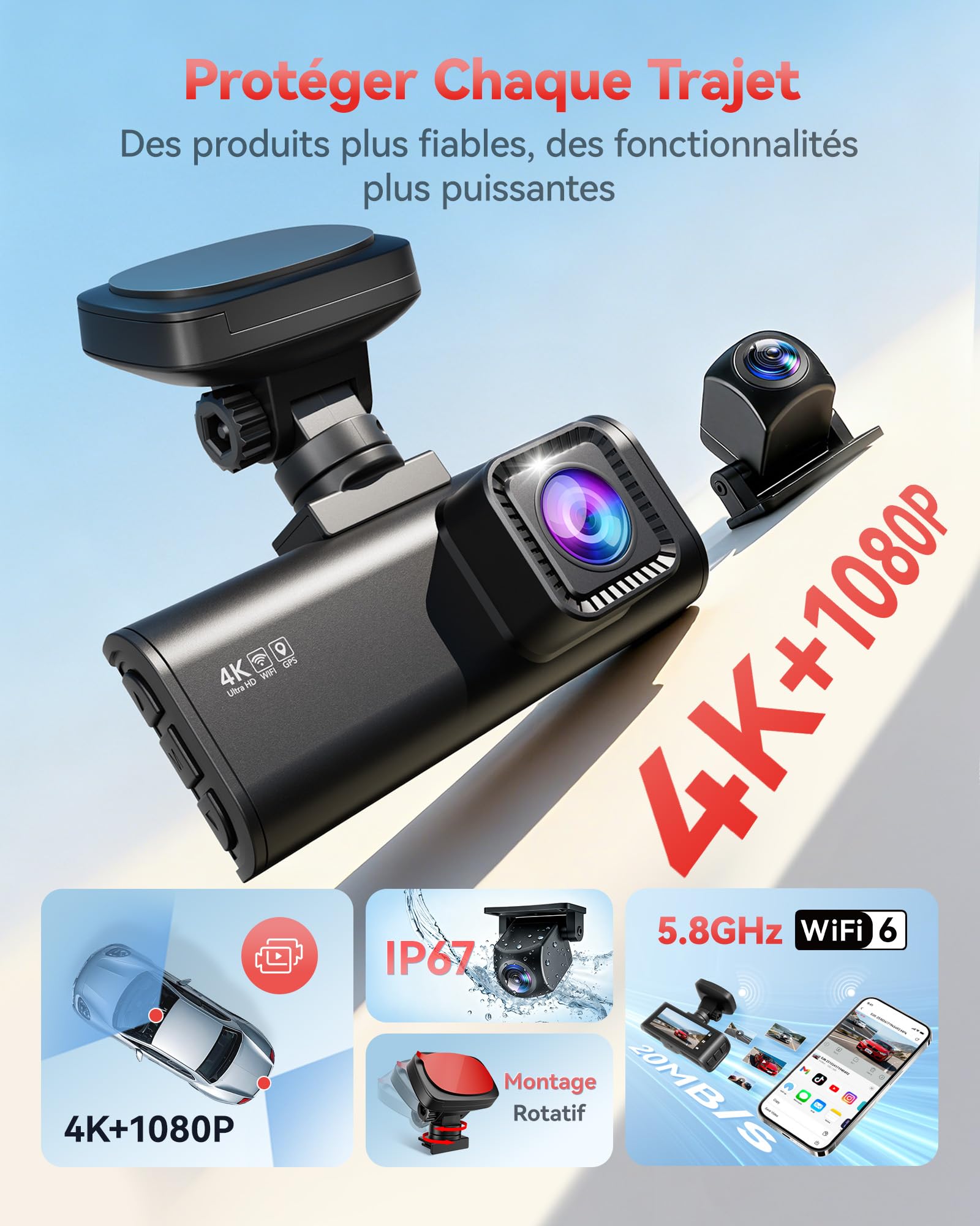 REDTIGER F7N-N Dashcam Voiture 4K Avant Arrière, WiFi 5.8GHz 20 MB/s avec App, Caméra Embarquée 2160P/FHD, GPS Précis, WDR, Écran 3,18", Vision Nocturne, Mode Stationnement 24H (sans Carte)