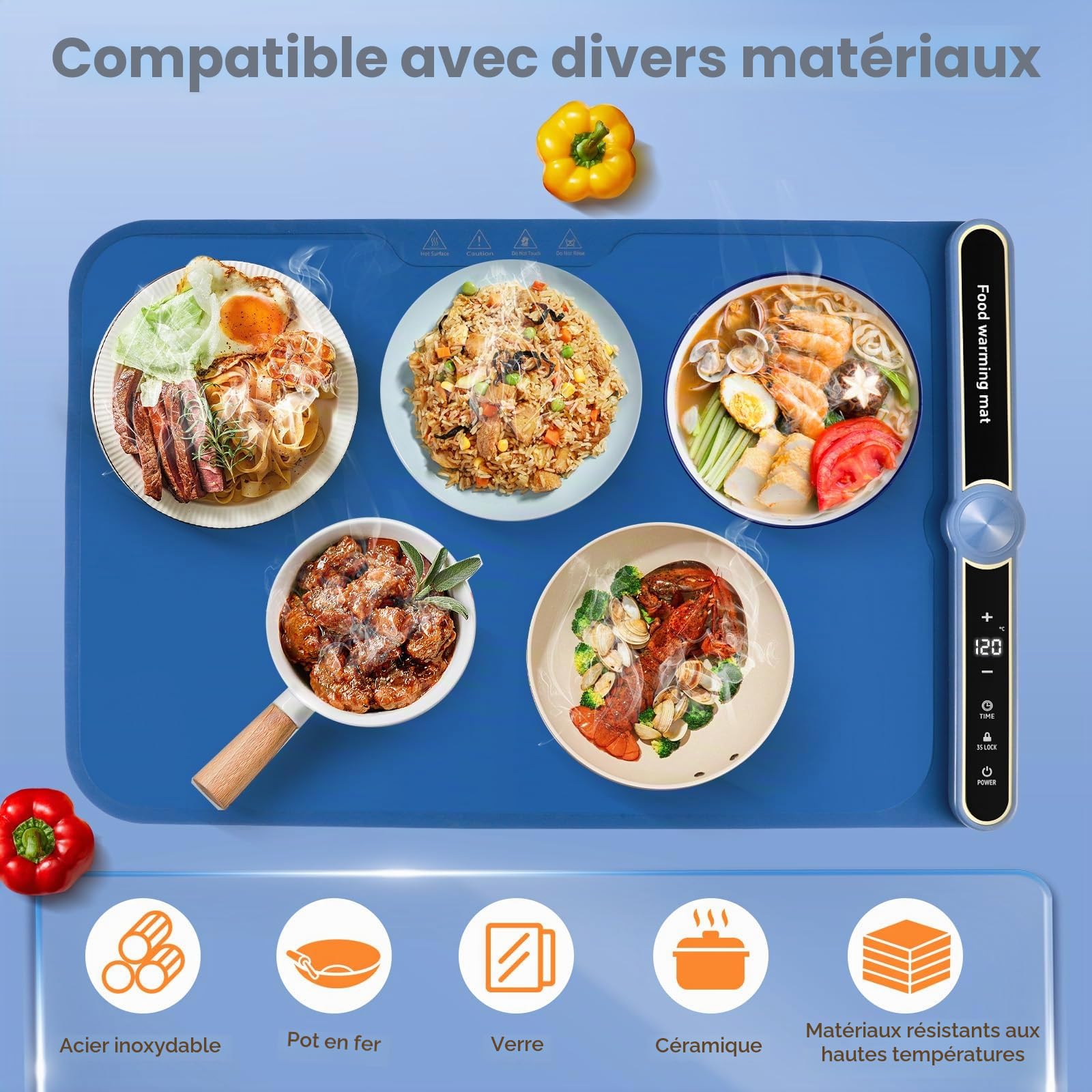 Chauffe Plat Electrique,avec 9 températures,6 réglages de minuterie,Chauffe Plat Portable en Silicone Enroulable avec Sécurité Enfant,Chauffage la Surface en 5s,pour Buffets Fêtes Banquet, Beige