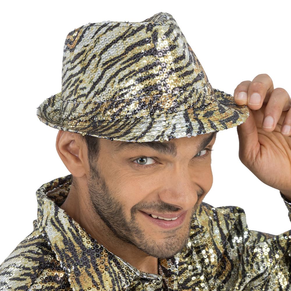 Gold Tiger Print Trilby Hat with Sequins – One-Size Sparkling Animal-Print Festival & Party Fedora-Style Accessory