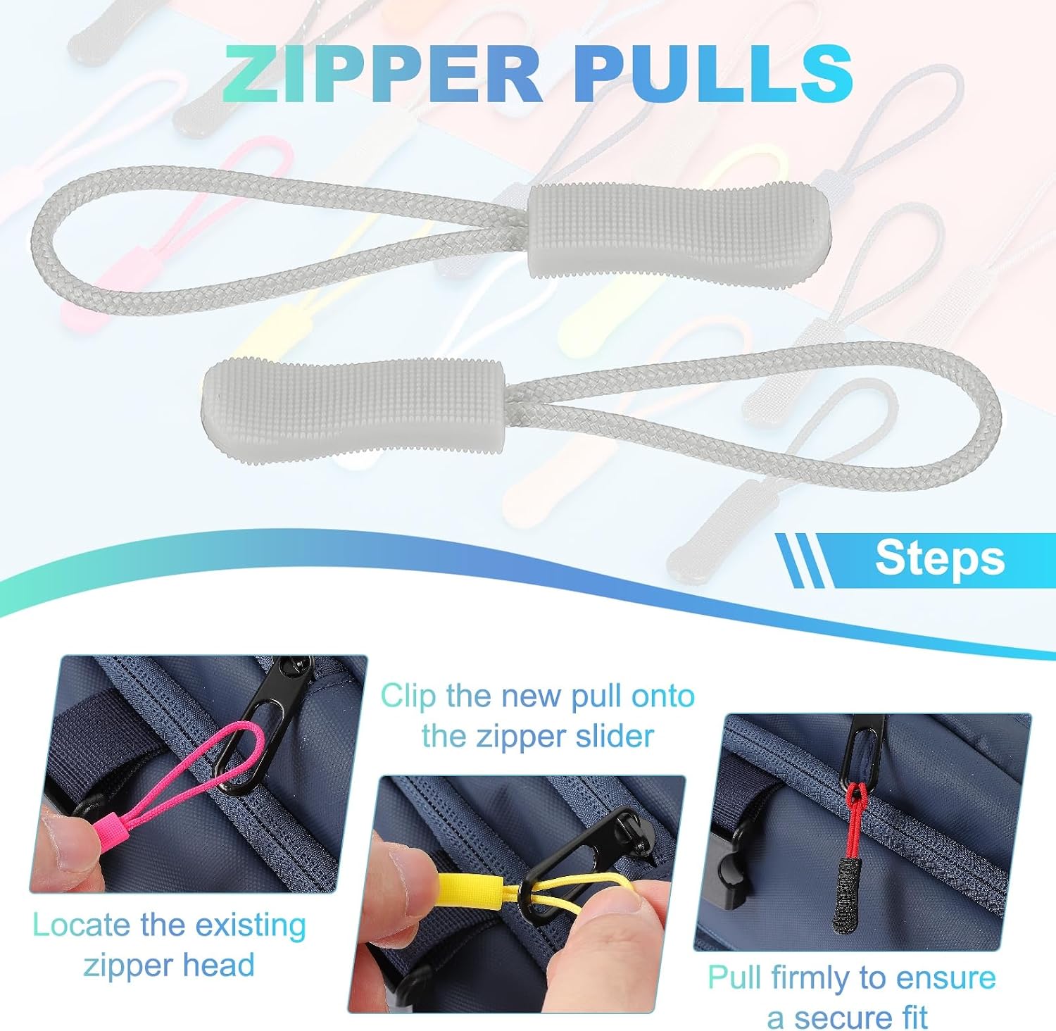 PATIKIL 2.6 Inch Zipper Pulls Replacement, 100 Pcs Nylon Cord Extension Zipper Pull Tab Tags for Handbag Backpacks Jackets Luggage Purses, Light Gray