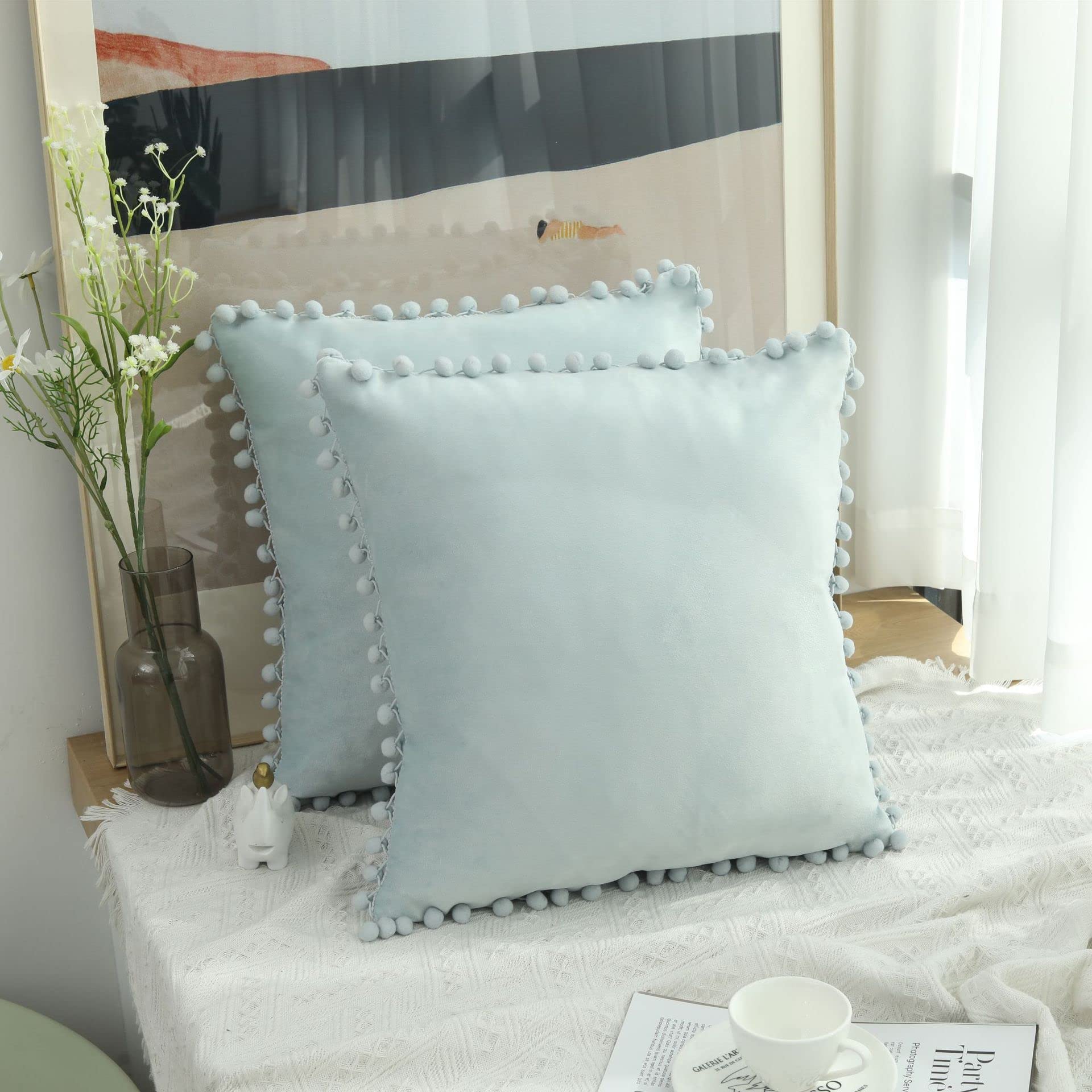 Hediloo Cushion Covers Pack of 2 Soft Velvet Throw Pillow Cases with Pom Pom Invisible Zip for Sofa Chair Living Room (Ice Blue, 30 * 50cm) โ image 1