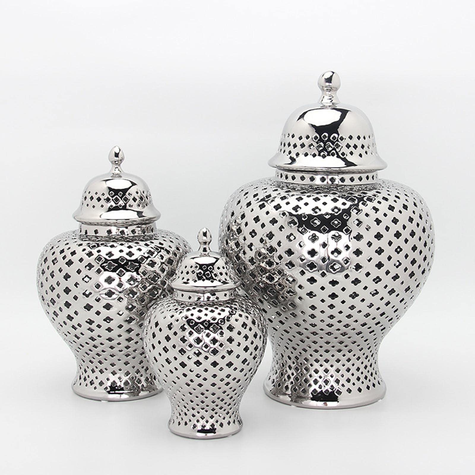 Ginger Jar Porzellan Behälter Vase Dekorativer Handgehobelt Stilvoll mit Deckel für Heimtextilien Sammlung Ausstellung, Silber
