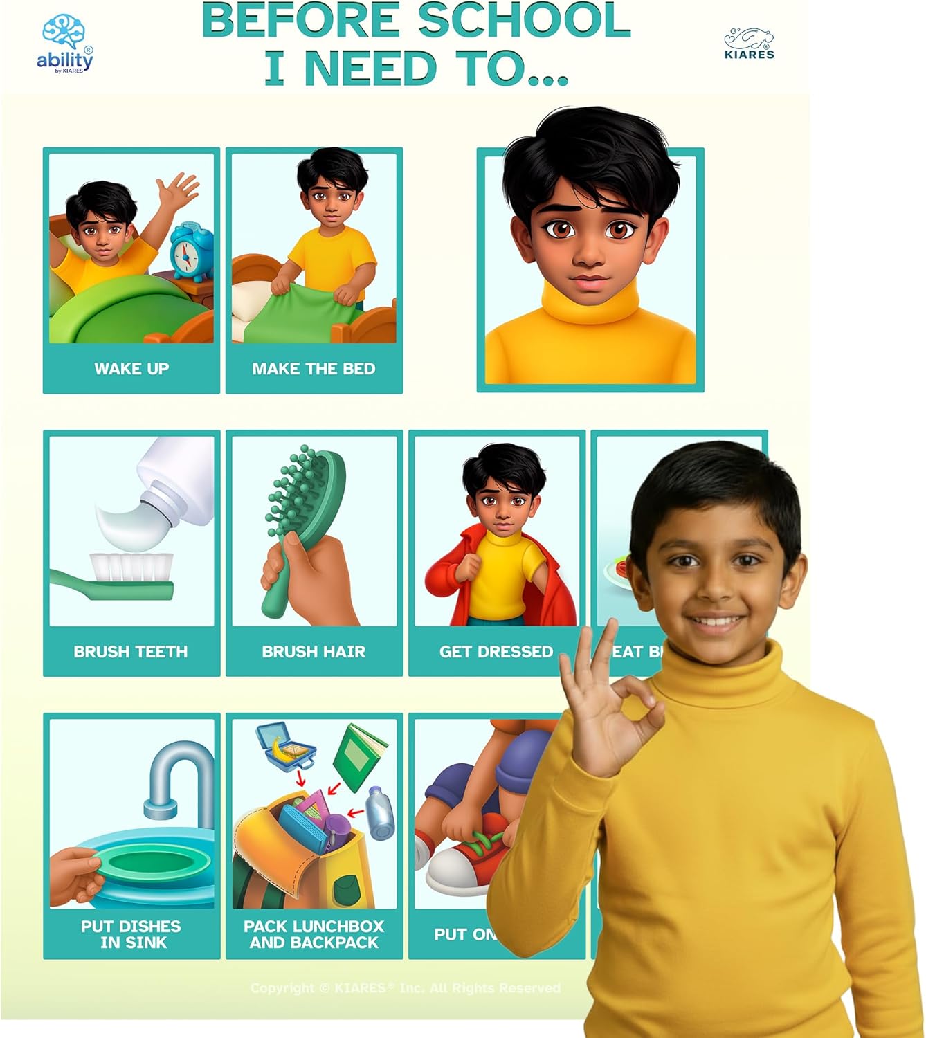 KIARES Morning Routine Chart for Kids, Helping Kids Get Dressed, Daily Sticker Poster For Toddlers, Created by an Occupational Therapist (African American Girl)