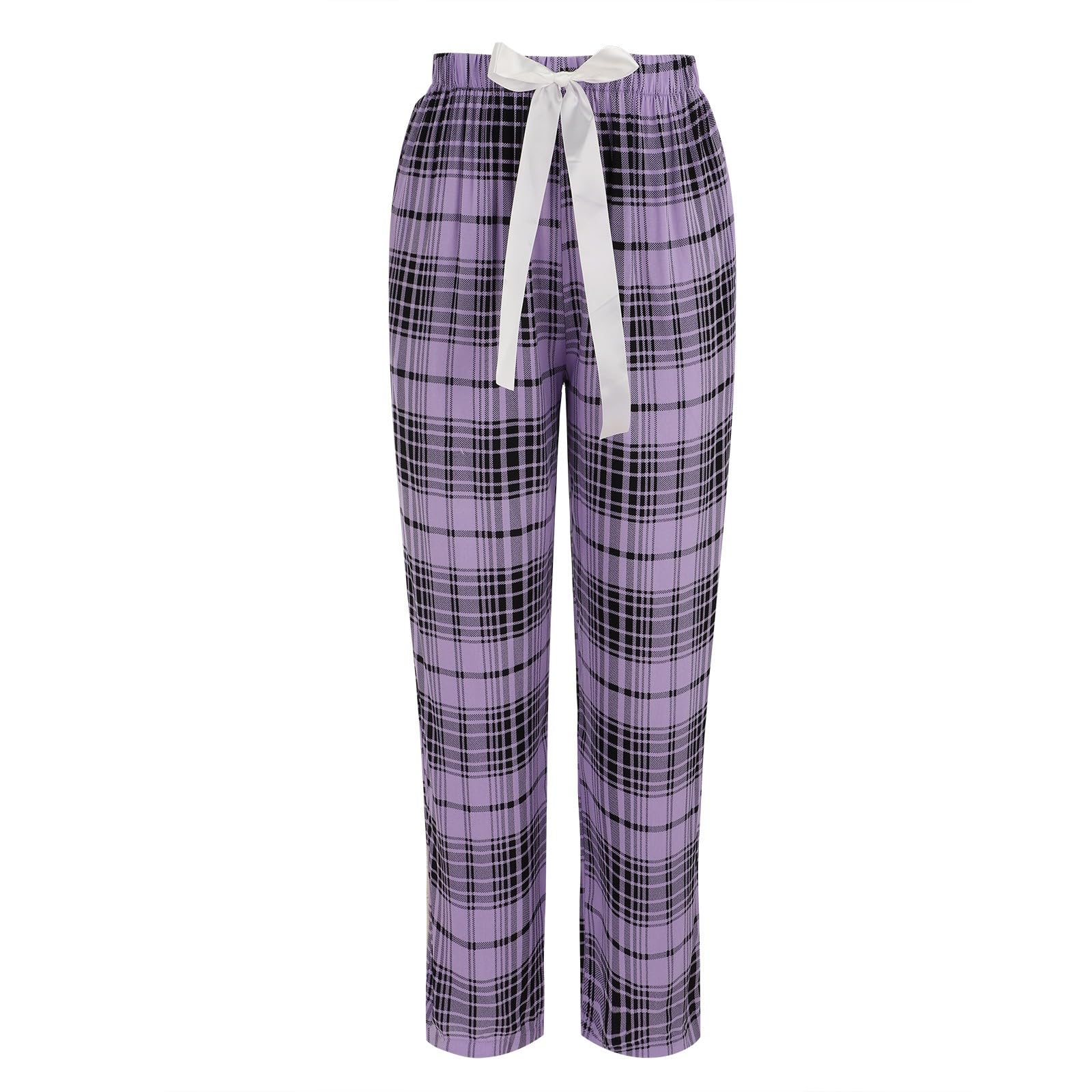 Generisch Pijama largo a cuadros para mujer, cuello redondo, otoño e invierno, pijama de tallas grandes, monocolor, traje holgado, ligero, ropa de salón, ropa de casa, traje de ocio ancho con arco