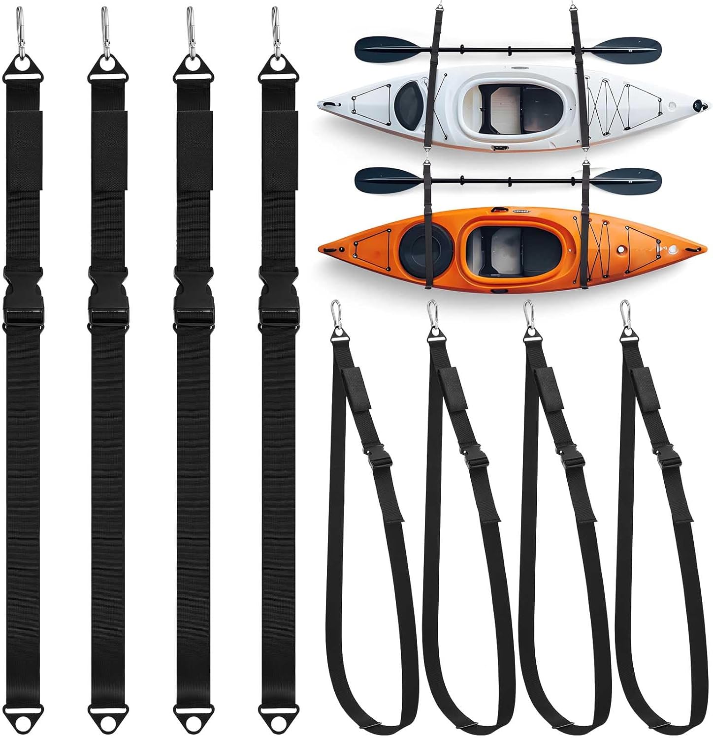 Seenelling 8 Pcs Kayak Snowboard Hanging Straps for Wall Storage 440lb Capacity 74" Nylon Straps with Carabiner Space Saving for Indoor Outdoor Surfboard Paddle Garage Storage Accessories