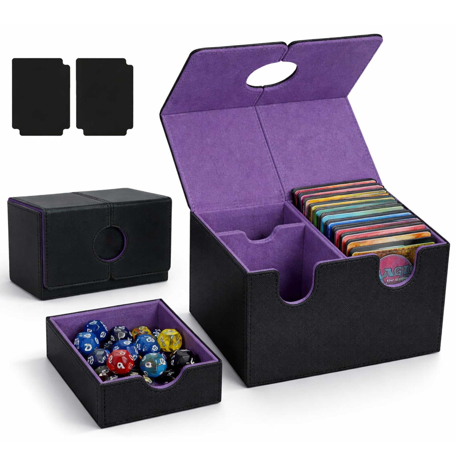 Caossuixin 3-in-1 MTG Deck Box,Commander Deck Box Holds 200+Cards with 2 Dividers & Dice Tray,Magnetic PU Leather Card Storage Box with Dual Card Slots for TCG CCG Magic Cards (Black&Purple)
