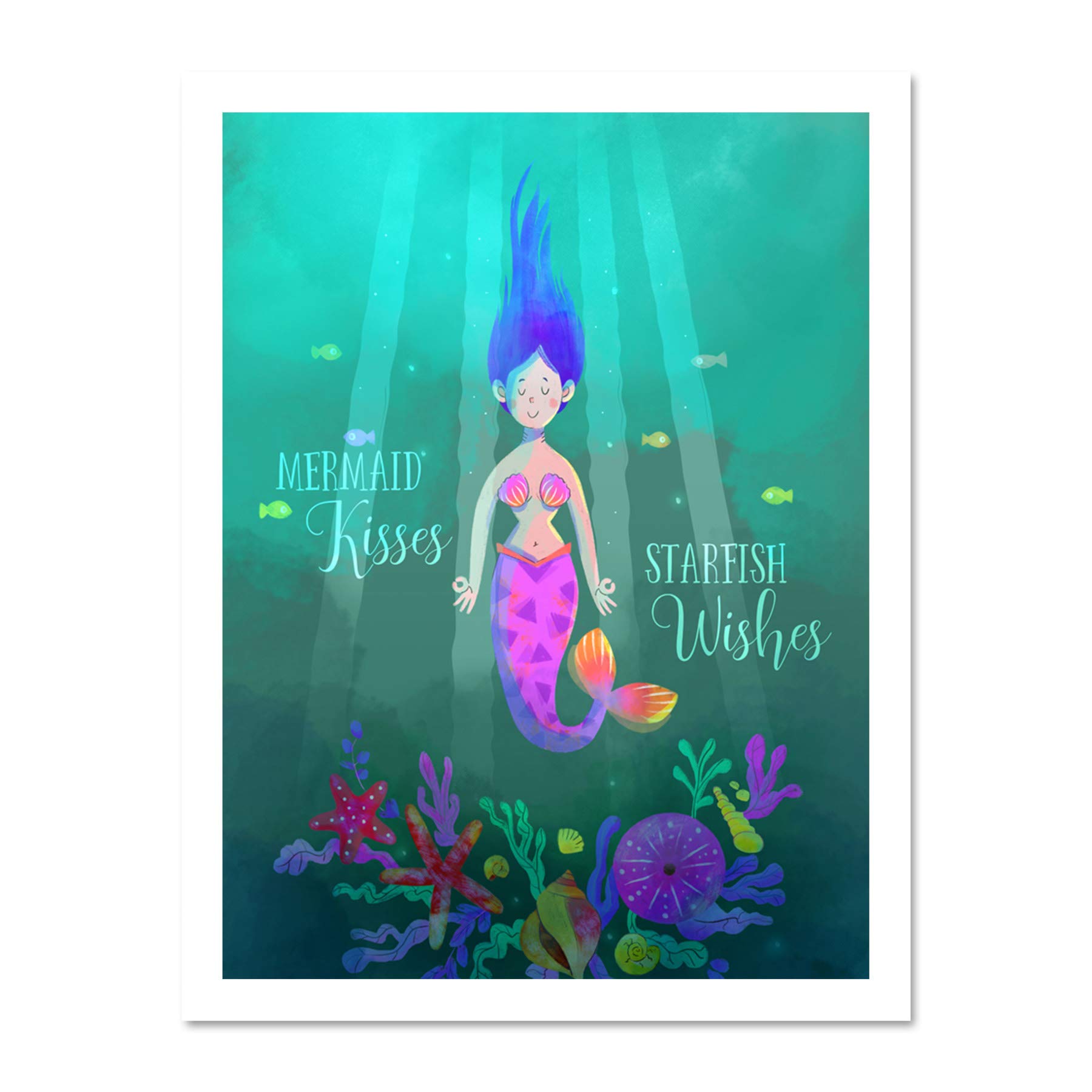 Wee Blue Coo Mermaid Kisses Starfish Wishes Wall Large Framed Art Print Poster Wall Decor 18x24 inch