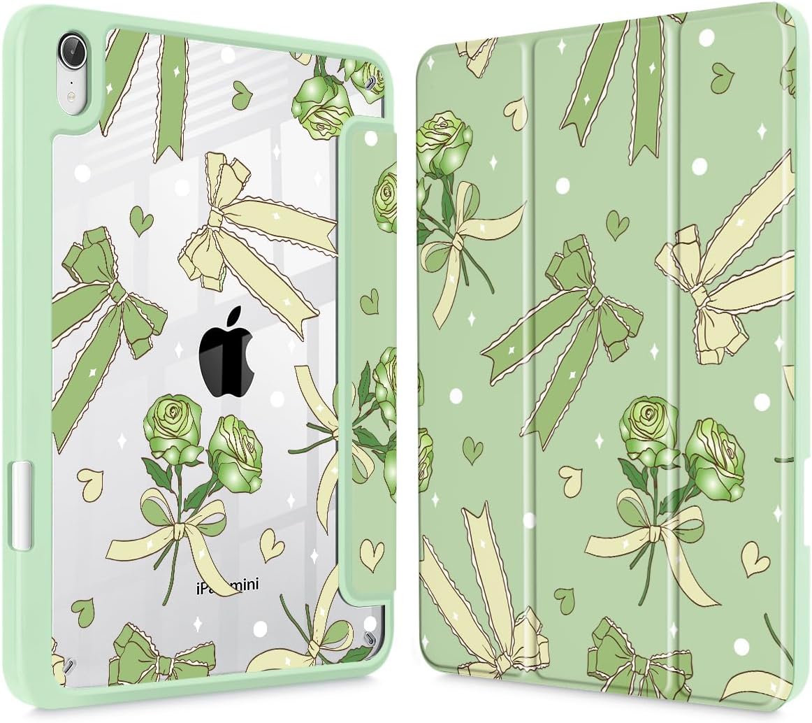 Tuiklol for iPad mini 7 (A17 Pro) 2024 / iPad mini 6 2021 8.3 inch Case, Built-in Pencil Holder Slim Clear Back Shell Cover Auto Wake/Sleep with iPad mini 7th / 6th Gen Cover, Bow & Rose Green