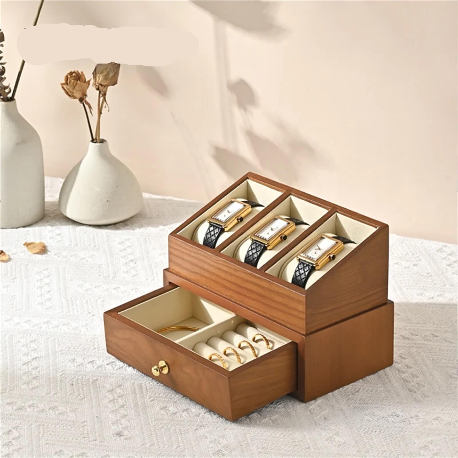 Caja De Relojes De Madera Maciza Caja de reloj madera 3 rejillas, organizador joyas doble capa, almacenamiento muñeca, cubierta a prueba polvo, relojes