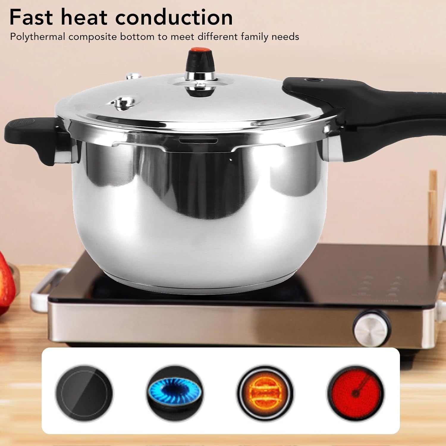 Pressure Cooker Stainless Steel 80KPA Safety Valve Pressure Cooking Pot with Self Locking Handle for Induction Gas Electric Stoves (3L)