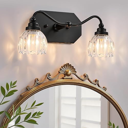 accesorios de iluminación de baño vintage, lámpara de tocador de baño de 2 luces, acabado negro mate de latón antiguo con pantalla de vidrio de