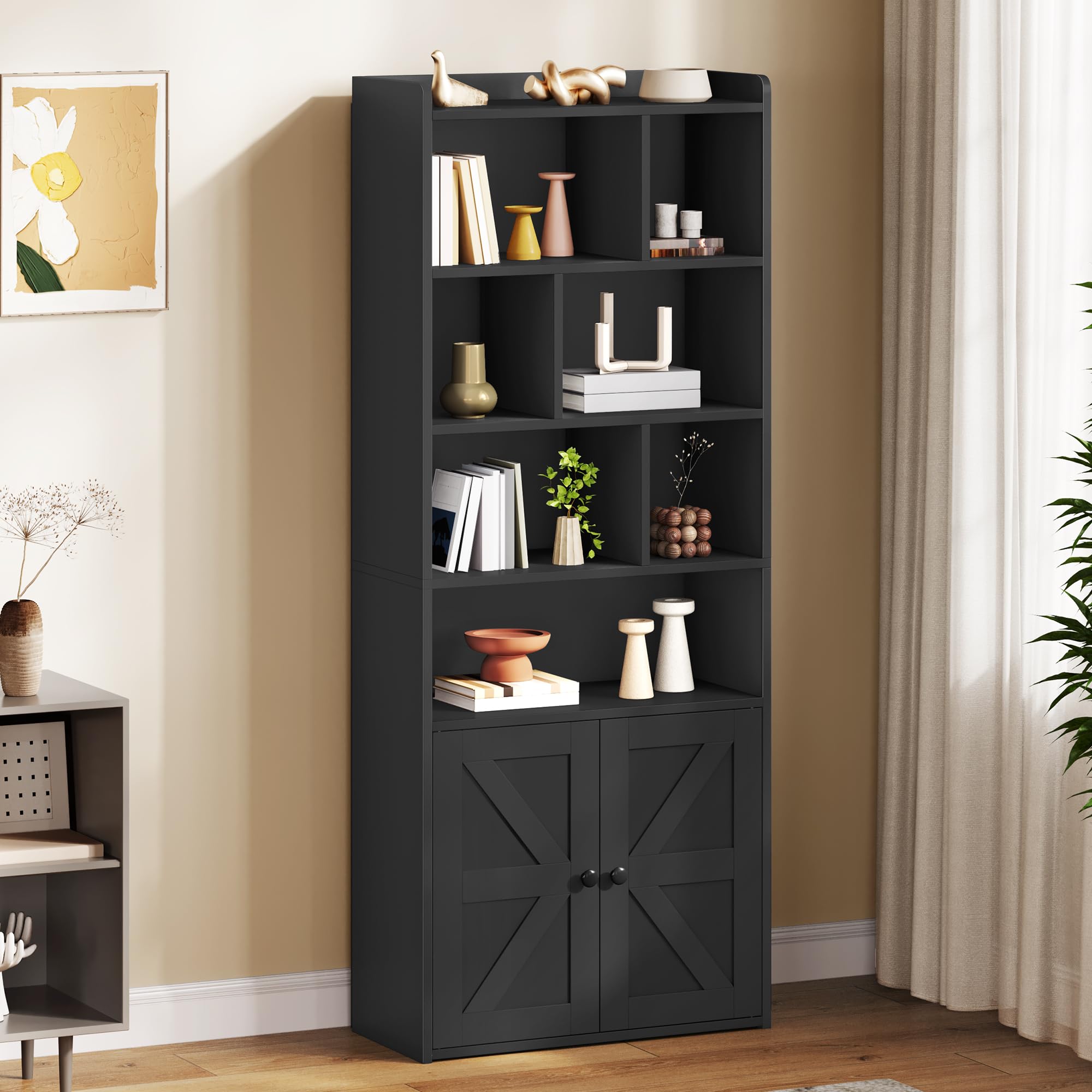 YITAHOME Bibliothèque à 4 Niveaux avec Portes et Placard, étagère de Rangement sur Pied, Compartiment Ouvert, idéale pour la Maison, Le Bureau, Le Salon ou la Chambre, Noire, 60 x 30 x 159 cm