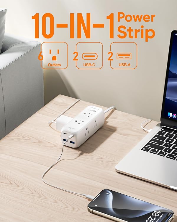 Olcorife Flat Plug Power Strip with 3 FT Extension Cord, 6 Outlets 4 USB Ports(2 USB C), 3 Sided Outlet Extender for Home Office Travel Dorm Room Essentials, White by olcorife - Image 2