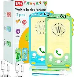Walkie Talkies infantil, conversa bidirecional ao mesmo tempo, walkie talkies infantis pacote com 2 capas de silicone dinossauro recarregável para meninos e meninas de 3 a 9 anos, ótimo presente para