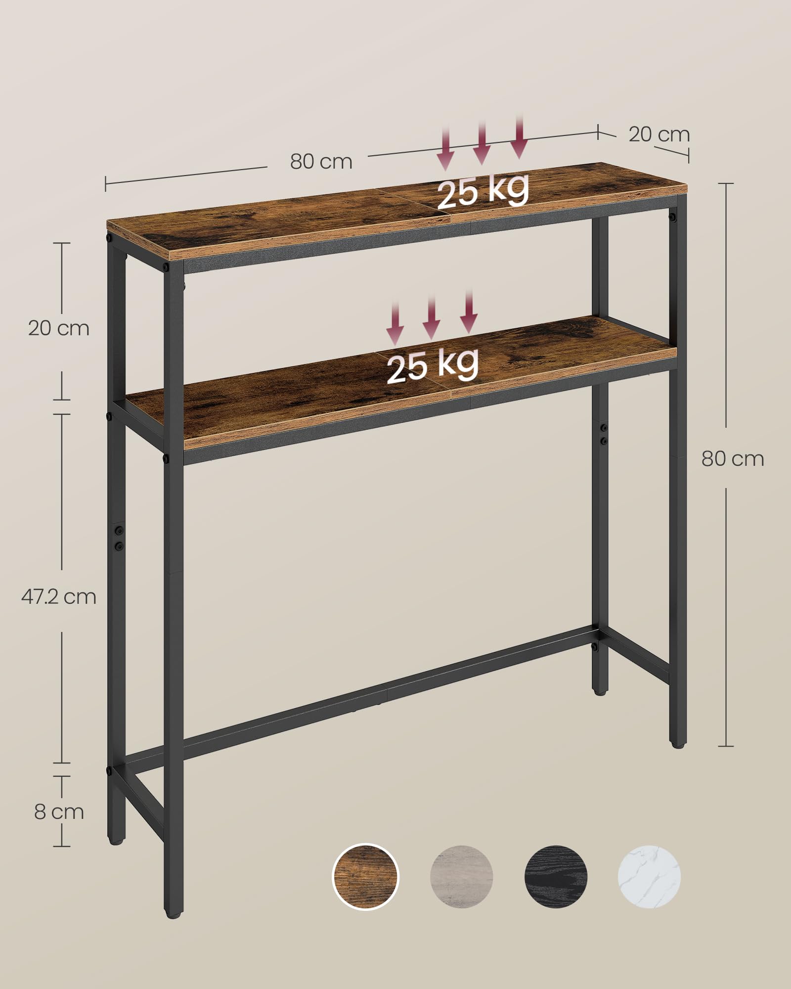 VASAGLE Console pour Couloir, Table de Salon Fine à 2 Niveaux, Table d’Appoint avec 2 Étagères, 20 x 80 x 80 cm, pour Salon, Couloir, Entrée, Marron Rustique et Noir d'encre LNT130K01V1