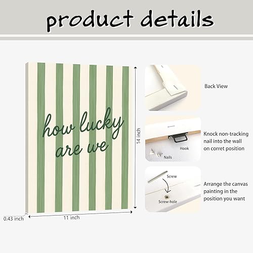 Miniatura 2 de FISWAFY Lienzo enmarcado con texto en inglés «How Lucky Are We para decoración de pared, póster inspirador positivo a rayas verdes retro de moda,