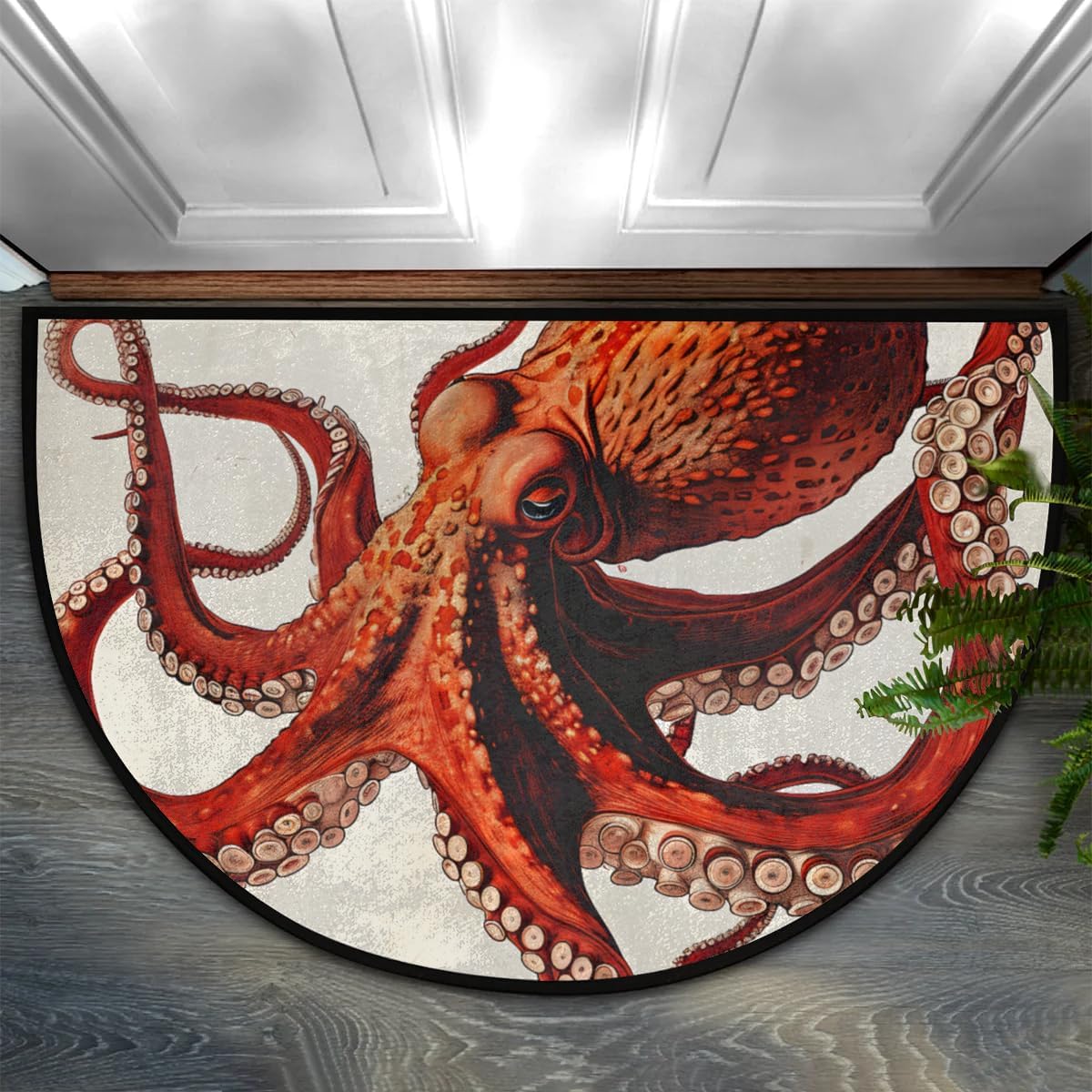 Half Round Door Mat Animal Octopus Orange Retro Non Slip Absorbent Semi Circle Area Rugs Washable Half Moon Floor Mats for Indoor Outdoor Patio Kitchen Bathroom Entryway Fireplace Home Carpet Decor