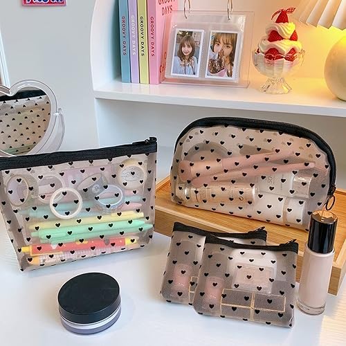 Miniatura 4 de MHDGG Bolsas de maquillaje de malla con estampado de corazón, bolsas de cosméticos de malla para mujeres, mini bolsas de malla con cremallera, bolsa