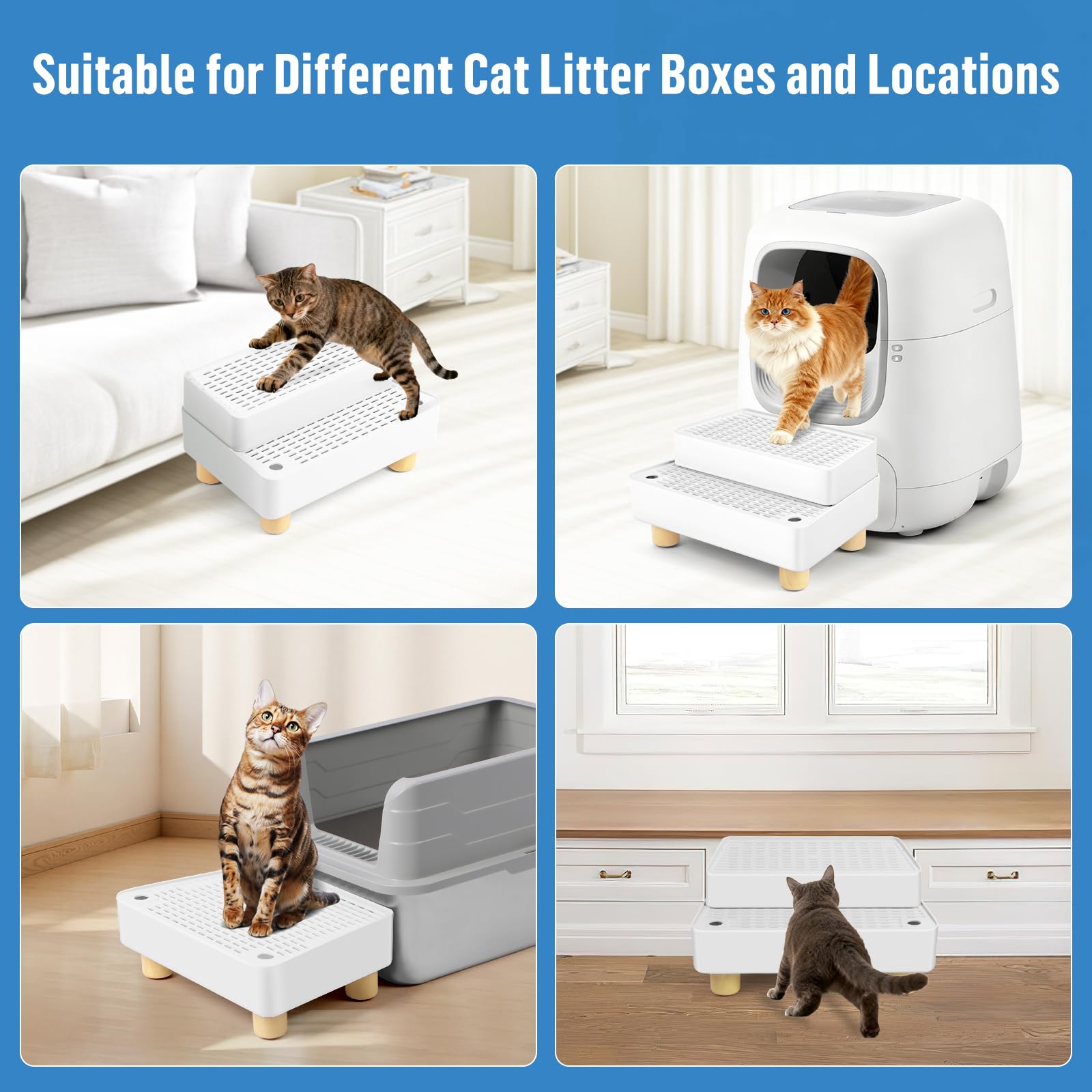 Grande rampa per lettiera a 2 gradini, regolabile con piedini in legno, funzione filtro, scala per animali domestici per gattini e gatti anziani, lettiera automatica per gatti (bianco)